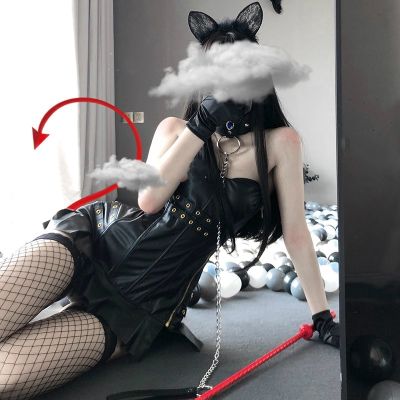 ☑✚✢ Sexy Lingerie Cat Uniform Cosplay Costume Set Sleepwear Seduction Suit Temptation Dress Underwear PU Leather Pajamas
