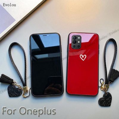 Mirror Tempered Glass Hard Phone Case For Oneplus 9R 9 8 Pro Love Heart Painted Lanyard Tassel Shockproof Cover For One plus 8T