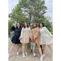 ชุดเดรสสาวอวบ ทรงแขนพอง​ มีเชื่อกผูกปรับระดับได้ที่คอ กระดุมหน้า​ใส่สบาย เสื้อผ้าสาวอวบ