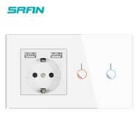 SRAN Touch Sensor Switch With Socket With Usb Crystal Glass Panel 146x86mm 220V 16A Wall Socket With Light Switch 1/2/3Gang 1Way