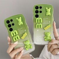 Phone Case เคส Samsung Galaxy S23 S21 S22 FE Ultra + Plus 5G เคสลายคลื่นสีเขียวไล่ระดับสีเขียวเคสนิ่มตุ๊กตาหมี3มิติลายการ์ตูนน่ารักพร้อม2023สร้อยข้อมือซิลิโคนที่ถอดออกได้