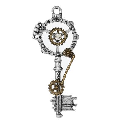 DoreenBeads Zinc Based Alloy Steampunk Charms Key Silver Color Gear Carved Clear Rhinestone Hollow 68mm(2 5/8 quot;) x 28mm 3 PCs