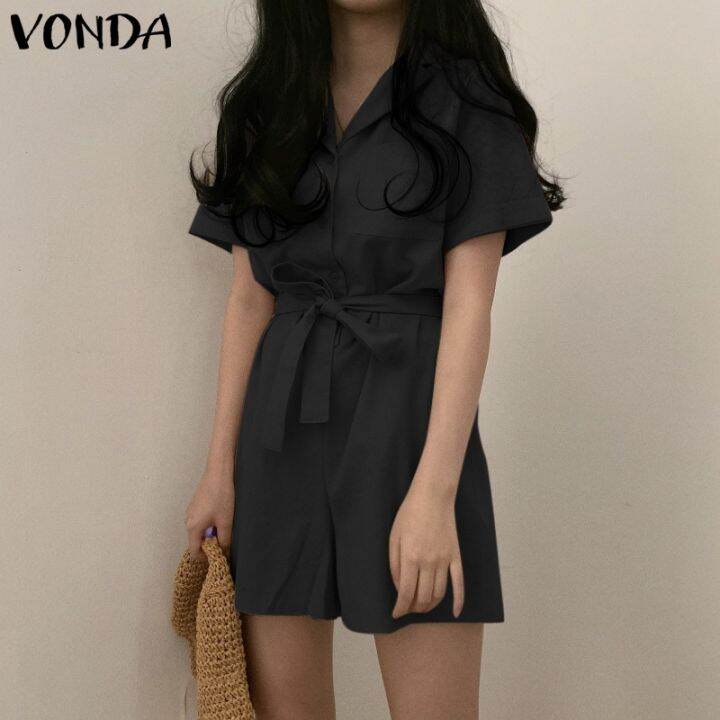 vonda-ชุดจั๊มสูทแขนสั้นลําลอง-คอปก-แต่งกระดุม-สไตล์เกาหลี-สําหรับผู้หญิง