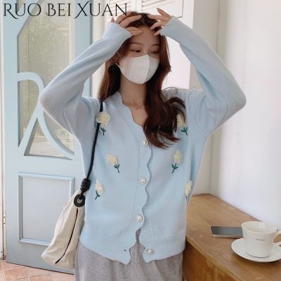Ruo Bei Xuan เสื้อโค้ทเสื้อกันหนาวเรโทรผู้หญิงผ้าแคชเมียร์คอวีเสื้อคาร์ดิแกนแบบถักใหม่2023