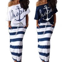 ❒ Summer Plus Size Elegant Vacation Leisure Two pieces Suit Sets Ladies Boat Anchor Print T Shirt amp; Striped Maxi Skirt Sets S 3XL