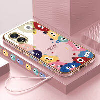 เคสใส่โทรศัพท์สำหรับฟรีสายคล้อง A38 OPPO A18 + น้อยน่ารักมอนสเตอร์ขอบสี่เหลี่ยมลวดลายชุบเคลือบเคสโทรศัพท์หรูหราชุบเคสโทรศัพท์นิ่ม