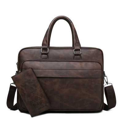 JEEP BULUO Famous Brand High Quality Business Leather Shoulder Messenger Bags Mens Briefcase Bag Travel Handbag 14 inch Laptop