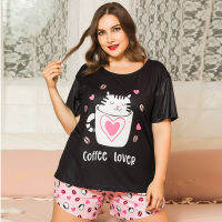 DOIB Plus Size Sleepwear Women Cute Pink Cat Print T-Shirt Short Trousers Large Size Homewear Two Pieces Suit Nightwear Pajamas