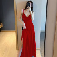 Korean V-neck sling solid color dress slim long open back dress for women