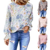 2023 autumn European and American womens new floral round neck shirt female lantern sleeve top ❤