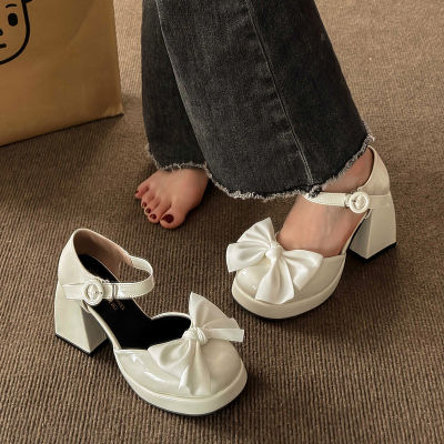 French Mary Jane รองเท้าผู้หญิง,รองเท้าฤดูร้อนใหม่ติดโบว์ส้นหนากันน้ำเพิ่มความสูงให้เท้าไม่เบื่อรองเท้าส้นสูง