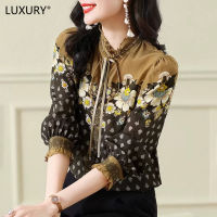 LUXURY Queen Chiffon Blouse Womens 2023 Spring New High Grade Fashion Printed Wooden Ear Collar Shirt Big Brand Top