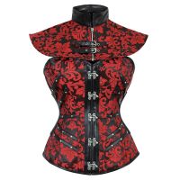 【LZ】¤☬✾  Espartilhos pretos e vermelhos para mulheres roupas góticas underbust bustier retrô couro sintético conjunto punk bustier sexy steampunk