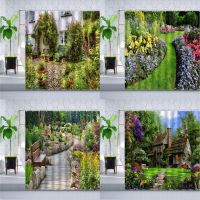 Spring Natural Scenery Shower Curtain Garden Flowers Plants Wooden House Green Forest landscape Bathroom Polyester Curtains Sets