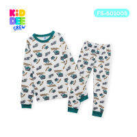 KiddeeCrew ชุดนอนเด็กครีมลายรถ กุ้นคอแขนสีเขียว ผ้าแซนวิช Cream car pattern, green sleeves เหมาะสำหรับอายุ 1-14 ปี