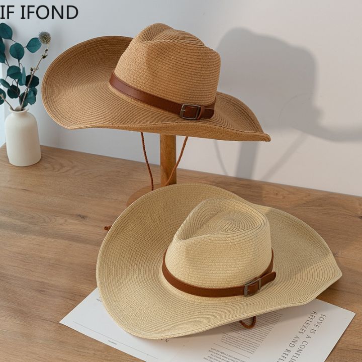 การออกแบบใหม่กระดาษธรรมชาติหมวกคาวบอยตะวันตก-13-ซม-big-wide-brim-ผู้หญิงผู้ชายฤดูร้อนชายหาดหมวกฟางปานามาคาวเกิร์ลแจ๊สหมวกกันแดด