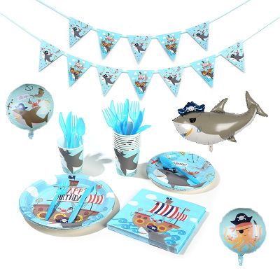 Pirate Shark Theme Party Decoration Disposable Tableware Paper Cup Plate Napkin Banners Baby Shower Kids Birthday Party Supplies