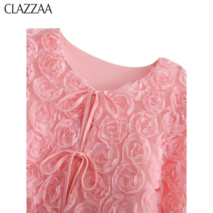 clazzaa-women-fashion-pink-flower-cardigan-round-neck-lace-up-long-sleeves-female-sweet-elegant-korean-outwear-jacket-coat