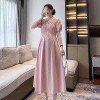 【DT】hot！ French Hubble-bubble Sleeve Color Collar Stretched Bust Maternity Empired