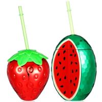 2Pcs Plastic Strawberry Watermelon Shaped Cup Beverage Juice Mugs Water Drinking Cups With Lid Straw Party Cup