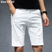 White Ripped Scratched Men Denim Shorts Casual Summer Jeans Popular Elastic Plus Size 36 38 40 42 Black Boys Holes Half Trousers