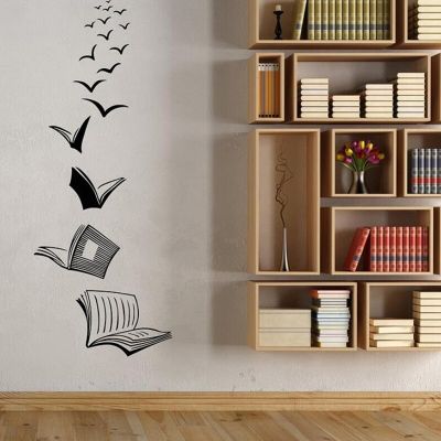 Library Background Wall Sticker Open Book Fly Birds Removable Wall Sticker Study Bedroom Wall Sticker Home Decoration Tapestries Hangings