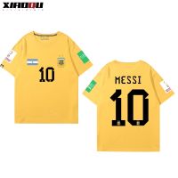 【New】2022 Argentina Messi jersey World Cup ฟุตบอลแขนสั้นชายหญิงแฟนควรสนับสนุนผ้าฝ้ายเสื้อยืด wild tide