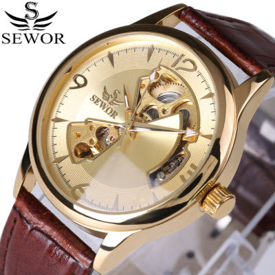 SEWOR Brand Mechanical Automatic self-wind Skeleton Watches Fashion Casual Men Watch Luxury Clock Genuine Leather Strap 2017