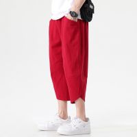 Hot sell M-5XL Plus Size Mens Loose Cotton Linen Shorts 3/4 Summer Casual Boho Long Shorts Elasticated Waist Wide Leg Beach Yoga Trouser