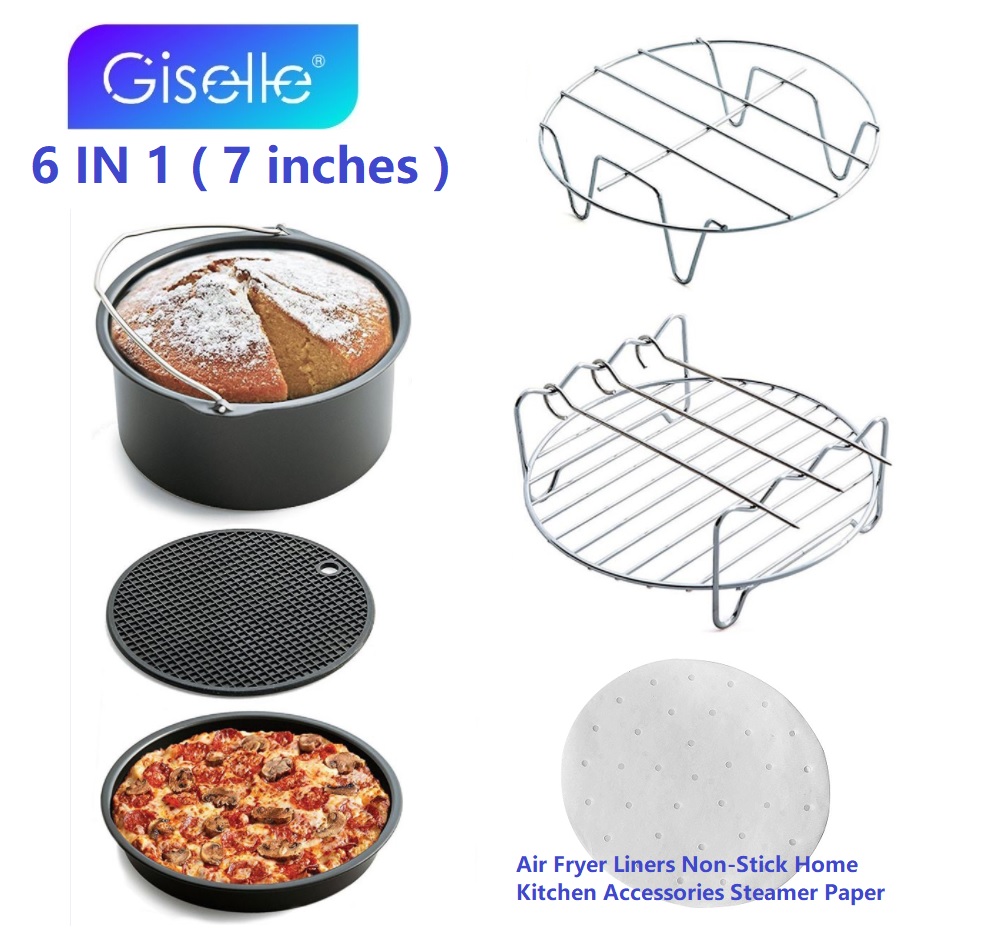 Air Fryer Six-piece Non-Stick Cake Bucket Pizza Pan Silicone Mat Skewers Grill Bread Rack Metal Rack for Household Kitchen 