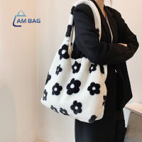 AmBag กระเป๋าสะพายไหล่ กระเป๋าถือ ทรงโท้ท พิมพ์ลายดอกไม้ ผ้ากํามะหยี่ ขนนิ่ม แบบพกพา สไตล์สตรีท ✿