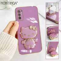 เคสโทรศัพท์ Hontinga สำหรับ Xiaomi Redmi โน๊ต10S Note 10 Pro 5G 4G พร้อม Hello Kitty Stand สีทึบแฟชั่นหรูหราชุบโครเมี่ยมเนื้อนิ่มเคสโทรศัพท์ TPU สี่เหลี่ยมคลุมทั้งหมดกล้องเคสกันกระแทกเคสยางสำหรับเด็กผู้หญิง