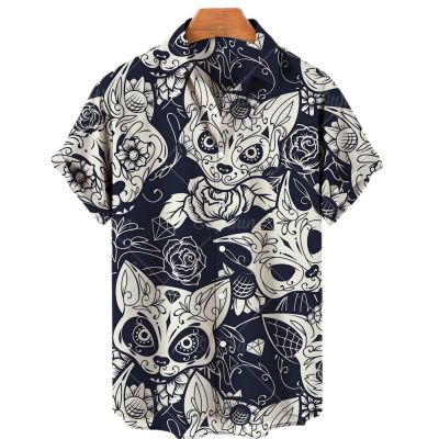 เสื้อพิมพ์ลายแมวน่ารักลำลองเสื้อฮาวายชายแฟชั่น2022เสื้อชายหาดแขนสั้น5xl เสื้อคอปกฤดูร้อน