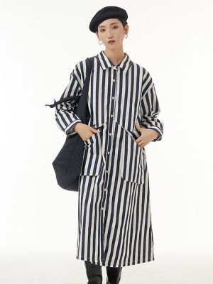 XITAO Dress Loose Fashion Casual Women Long Sleeve Striped Shirt Dress