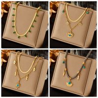 MEYRROYU 316l Stainless Steel Green Stone Crystal Hip-Hop Multilayer Pendant Chain Necklace For Women Wedding Party Accessorie Fashion Chain Necklaces