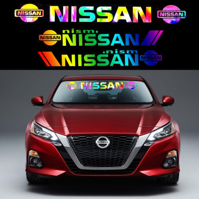 Nissan กันลมหน้าต่างสติกเกอร์เลเซอร์สายรุ้ง Decals กันน้ำด้านหน้าด้านหลังกระจก Decals