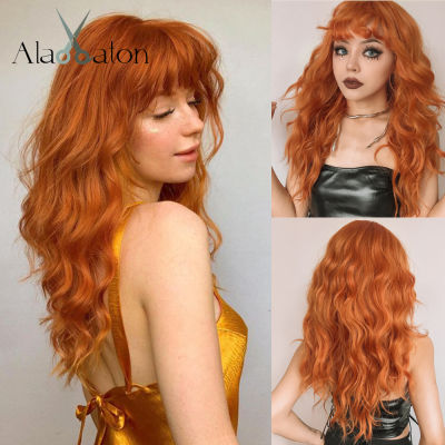 ALAN EATON Long Orange Water Wavy Synthetic Wigs With Bangs วิกผมสีสันสดใสสำหรับผู้หญิงคอสเพลย์ปาร์ตี้ไฟเบอร์ทนความร้อนทุกวัน ~