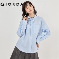 GIORDANO Women Shirts Contrast Color Ribbon Stand Collar Shirts Long Sleeve Stripe Fashion Casual Loose Cotton Shirts 18343614