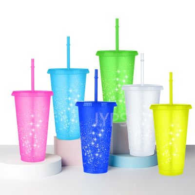 ♣ 700ml Reusable Flash Powder Water Bottle With Straws Lid Plastic Personalized Drinkware Coffee Drinking Cup Outdoor Portable Mug