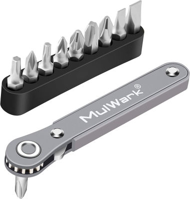MulWark 11pc 1/4 Mini Ratchet Wrench Close Quarters Pocket Screwdriver Set with High Torque &amp; Low Profile- Micro Right Angle EDC Tool with 90 Degree Mini Offset Reversible Drive Handle&amp; Multi Hex Bit 11pcs Normal Bits
