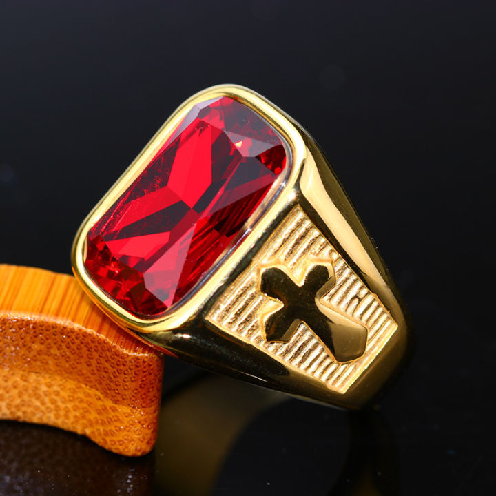 แหวนหินสีแดงไม้กางเขนเหล็กไทเทเนียมสำหรับผู้ชายผู้หญิง