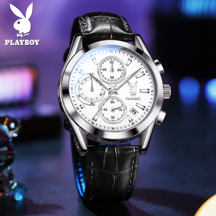 ขายร้อน-playboy-นาฟิกาผู้ชาย-2023-ของแท้-นาฬิกาข้อมือ-chronograph-แบบมัลติฟังก์ชั่นหนังกันน้ำ