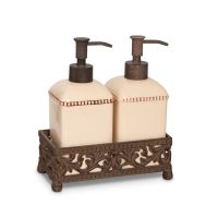 Scrolled Acanthus Leaf Cream Ceramic Soap Lotion Set With Metal Base Holder