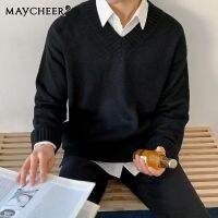 MAYCHEER เสื้อกันหนาวคอวีฤดูใบไม้ร่วงและฤดูหนาวเสื้อสเวตเตอร์เสื้อถักหลวมสีทึบลำลองของผู้ชาย,เสื้อกันหนาวเสื้อกล้ามแขนยาวลำลอง