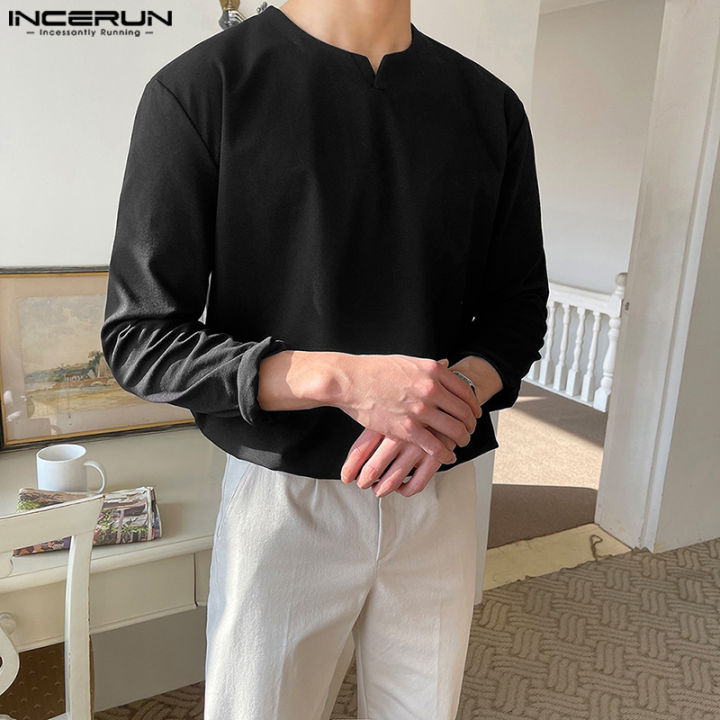 incerun-เสื้อยืดคอวีคอวีสำหรับผู้ชาย-เสื้อยืดลำลองแบบสวมหัวแขนยาวเสื้อยืดธรรมดาเรียบ