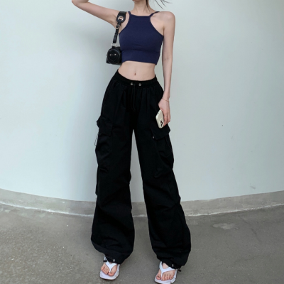 ผู้หญิงกางเกงคาร์โก้2023กางเกงฮาเร็มแฟชั่นพังก์กระเป๋า Jogger กางเกงสีดำฮาราจูกุ E Lastics เอวสูง Streetwear