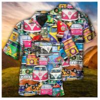 2023 Mens Hawaiian Shirt Funny Car Print Shirt For Men Vintage Fashion Short Sleeve Male Clothing Streetwear Turndown Blouse