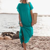 【YF】 Summer T-Shirt Maxi Dresses For Women Batwing Sleeves Round Neck Casual Loose Side Slit Long Beach Dress Vacation Sundress