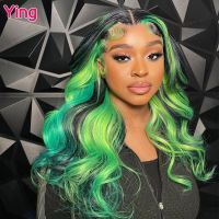 【LZ】◎♗  Green Highlight 13x6 Lace Front Wig Body Wave Colored Human Hair Wigs Pre Plucked Transparent Peruvian Remy Hair For Black Women