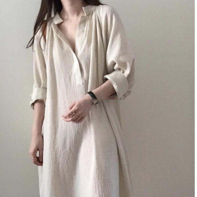 spot-korean-chic-loose-and-lazy-style-cotton-and-linen-shirt-dress-womens-mid-length-v-neck-overknee-dress-2023